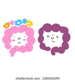 Healthy and unhealthy intestines. Vector illustration on white background.