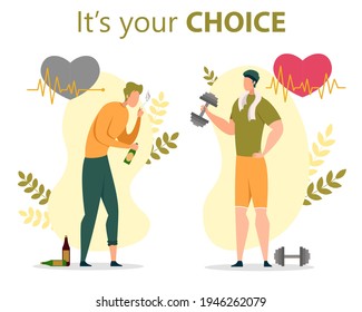 Healthy or Unhealthy Lifestyle Choice, Bad Habits Quit, Alcohol and Nicotine Addiction Breaking Flat Vector Concept. Healthy Man Doing Exercises, Sick Gay Smoking Cigarette, Drinking Beer Illustration