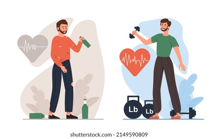 Healthy or Unhealthy Lifestyle Choice. Man with sick heart and addiction to alcohol or smoking against strong guy doing sport and lifting dumbbell. Bad and good habit. Cartoon flat vector illustration