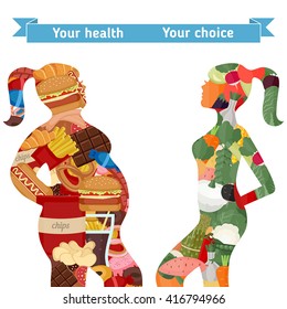 Healthy and unhealthy lifestyle concept. Female silhouettes  with icons of healthy foods and unhealthy foods. Thick woman and slim woman silhouettes.