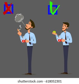 Healthy and unhealthy lifestyle concept. A young man with sigaretoy and the guy with the Apple. Vector illustration of a flat design.