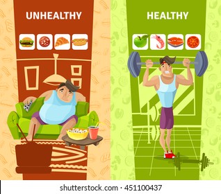 Healthy and unhealthy man vertical banners set cartoon isolated vector illustration 