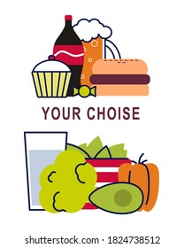 Healthy and unhealthy nutrition choise concept illustration. Junk food or vegetarian. Vector flat illustration
