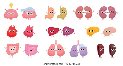 Órganos sanos no saludables. Órganos internos humanos completos y dañados, personajes faciales tristes o felices partes anatómicas del estómago intestino del corazón riñón enfermo del hígado caricatura vectorial ilustración de un órgano humano no sano