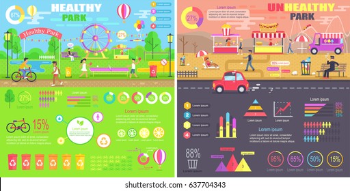 Healthy and unhealthy parks comparison infographic with diagrams, statistics and pros and cons of spending time in both vector illustration.