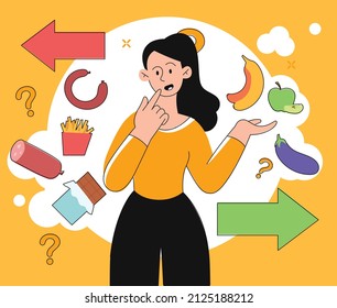 Healthy and unhealthy product. Girl chooses diet, natural and organic food or fast food. Fruits and vegetables against pizza and burgers. Character makes decision. Cartoon flat vector illustration