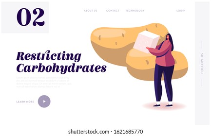 Healthy and Unhealthy Products Website Landing Page. Food Contain Complex and Fast Carbohydrate Energy, Woman Holding Sugar Stand near Huge Potato Web Page Banner. Cartoon Flat Vector Illustration