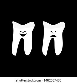 Healthy and unhealthy sad and smile tooth cartoon characters on black background