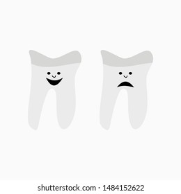 Healthy and unhealthy sad and smile tooth cartoon characters on white background