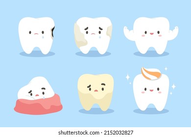 Healthy and unhealthy teeth such as tooth decay, tartar, plaque and impacted tooth or wisdom tooth, on light blue background. Illustration for kids, dental clinic decoration, education. Flat vector.