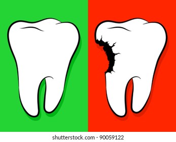 Healthy And Unhealthy Tooth Cartoon isolated on green for healthy and red as a warning for decay