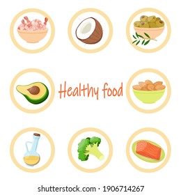 Healthy and useful food. Coconut, broccoli, avocado, salmon and shrimp, almond and olive, vector illustration.