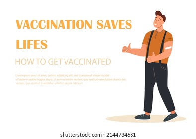 Healthy, Vaccination Landing Page Template.Vaccinated Happy Man Show Ok Gesture,Immunization,Healthcare.Happy Adult Character with Patch on Shoulder.Cartoon People Vector Illustration