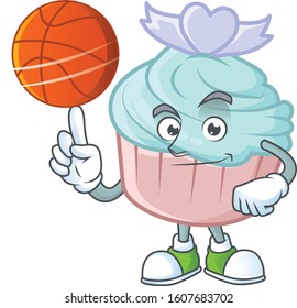 a Healthy vanilla blue love cupcake cartoon character playing basketball