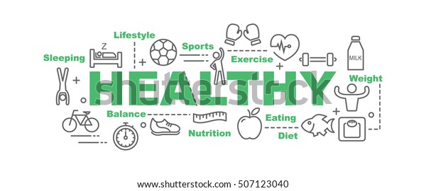 healthcare wall chart vector banner design concept, flat style with thin line art healthy lifestyle icons on white background. 