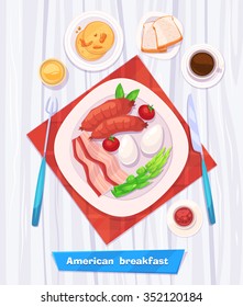 Healthy vector breakfast with sausage, bacon, coffee, eggs and juice. View from above on stylish wooden table with copy space. Vector stock illustration.