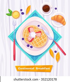 Healthy vector breakfast with waffles, berries, croissant, coffee and juice. View from above on stylish wooden table with copy space. Vector stock illustration.