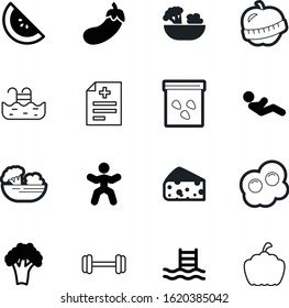 healthy vector icon set such as: gourmet, round, dieting, dessert, cereal, wellness, parmesan, dumbbell, coriander, healthcare, broccoli, tablet, fried, hospital, contour, swim, eggplant, running