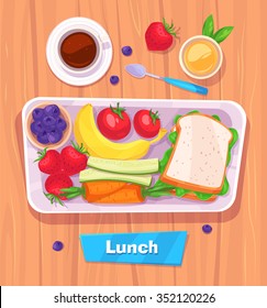 Healthy vector lunch with banana. berries, sandwich, coffee and juice. View from above on stylish wooden table with copy space. Vector stock illustration.