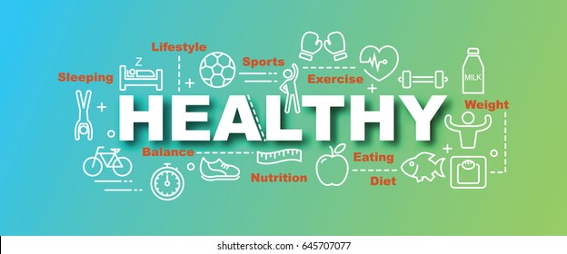 healthy vector trendy banner design concept, modern style with thin line art healthy lifestyle icons on gradient colors background
