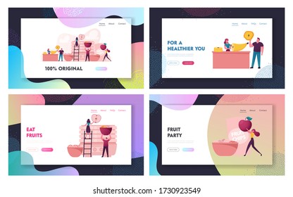 Healthy Vega and Vegetarian Nutrition Landing Page Template Set. Tiny Characters Cooking and Eating Homemade Dehydrated Fruit Chips Made of Banana, Apple, Orange. Cartoon Vector People Illustration