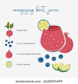 Healthy vegan beet juice recipe with ingredients. Tasty vitamin drink for cafe, restaurant, bar. Hand drawn flat design vector illustration.
