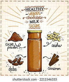 Healthy vegan chocolate milk recipe on a paper, raw nut milk menu with ingredients, hand drawn graphic sketch illustration