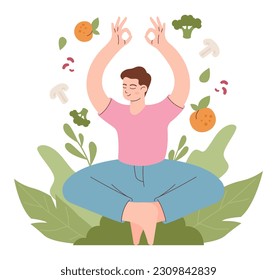 Una dieta vegetariana saludable. Carácter comiendo verduras frescas, frutas y sustitutos de carne. Alimentos vegetarianos y veganos equilibrados. Ilustración vectorial plana