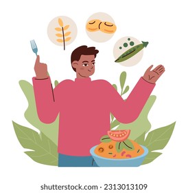 Healthy vegan diet. Character eating fresh vegetables, fruits and meat substitutes. Balanced vegetarian and vegan food. Flat vector illustration