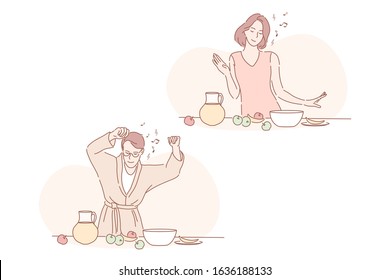 Healthy vegan food, breakfast, good day set. Young woman is making breakfast with health nutrition and dancing. Happy man has new good day and likes vegan or vegetarian food. Simple flat vector