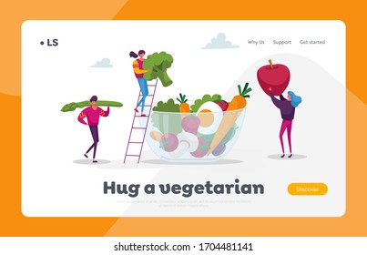 Healthy Vegan Food Choice Landing Page Template. Young People Characters Put Huge Vegetables, Berries and Fruits into Glass Bowl. Vitamins in Products, Organic Greenery. Cartoon Vector Illustration