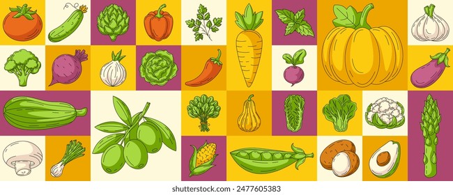 Comida vegana saludable. Verduras naturales frescas de granja. Vector geométrico moderno Anuncio Horizontal, eco veggies iconos. Diseño abstracto mínimo para el cartel, menú, volante, cubierta, mercado de agricultores, folleto