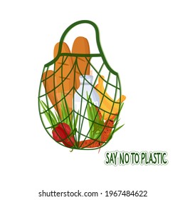 Healthy vegan food in green bag mesh vector illustration. No plastic to save the planet concept.