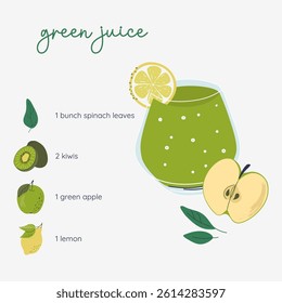 Healthy vegan green juice recipe with ingredients. Menu element for cafe, restaurant, bar. Hand drawn flat design vector illustration.
