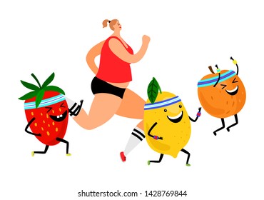 Healthy vegan lifestyle. Vector dietology concept. Girl runs with fruits