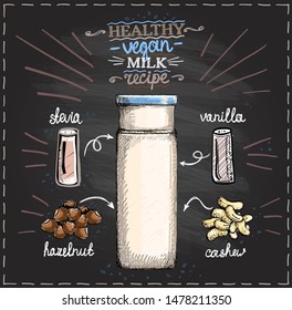 Healthy vegan nut milk recipe on a chalkboard, raw cashew and hazelnut milk menu with ingredients, hand drawn graphic sketch illustration