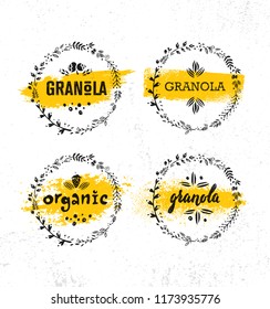 Healthy Vegan Snack Granola Cereal Vector Nutrition Food Design Element. Organic Handmade Concept. Rough Eco Breakfast Illustration On Grunge Wall Background