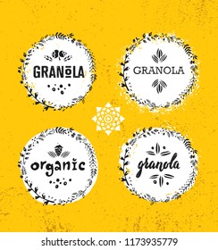 Healthy Vegan Snack Granola Cereal Vector Nutrition Food Design Element. Organic Handmade Concept. Rough Eco Breakfast Illustration On Grunge Wall Background