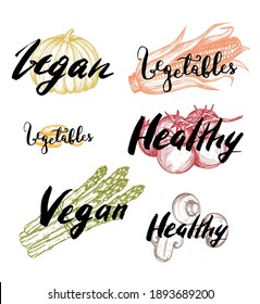 Healthy vegan vegetables food logo set. Isolated vegetarian organic food symbol badge icons. Label design vector illustration