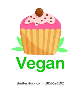 Healthy vegan and vegetarian cupcake with pink glaze without sugar. Concept  perfect for vegan fast food products confectionery, bakery commercial, restaurants. Flat stock isolated illustration.