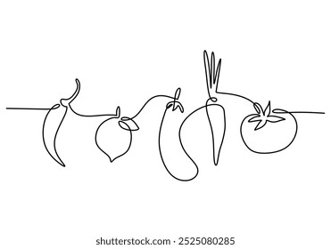 Healthy vegetable continuous one line drawing. Vegan food with carrot, tomato, and chili. Vector illustration minimalist background.