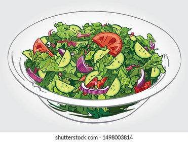 Healthy vegetable garden salad of lettuce, tomato, onion, red cabbage and cucumber in a bowl. Vector illustration. Diet menu.