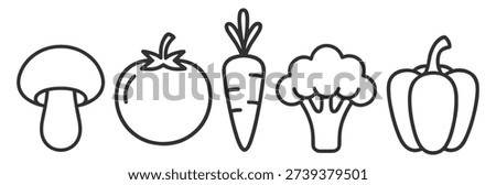 Healthy vegetable outline icon set, mushroom, tomato, carrot, broccoli and pepper food symbols on transparent background
