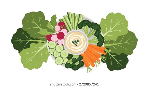 Healthy vegetable platter featuring broccoli, carrots, radishes, cucumbers, and celery sticks arranged around a central bowl of hummus.