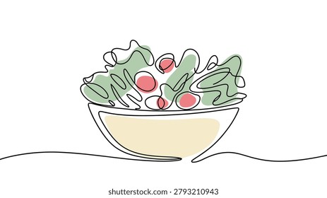 healthy vegetable salad bowl continuous one line drawing fresh organic food nutrition wellness diet and healthy eating lifestyle vector illustration