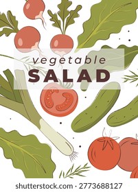 Healthy vegetable salad concept in hand-drawn flat style. Vertical layout with fresh icons of cucumber, tomato, radish, leek and green leaves with text for vegan menu and detox diet design