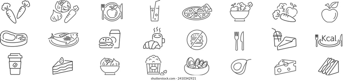 Gesunder Gemüsesalat, Essen, Pfannkuschel, Wellness, Frühstück, Fisch, Apple, Papagei, Saft, Kuchen, Kaffee, Speisen, Brötchen, Pizza, Line Icons Set-Kollektion, Vektorgrafik