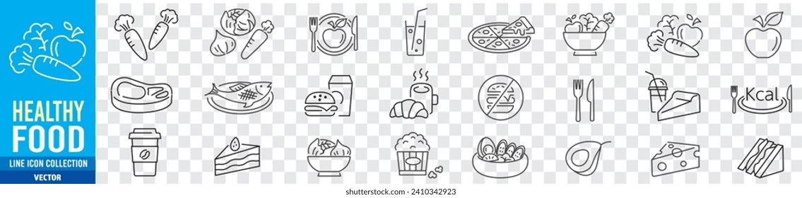 Healthy vegetable salad, food, poke bowl, Wellness,  Breakfast, Fish, Apple, Carrot, Juice, Cake, Coffee, Meal, Burger, Pizza, line icons set collection, Vector