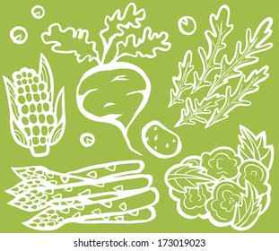 Healthy Vegetable Set White Outline On Green Background: Corn, Beetroot, Rocket, Potato, Asparagus, Cauliflower and Peas