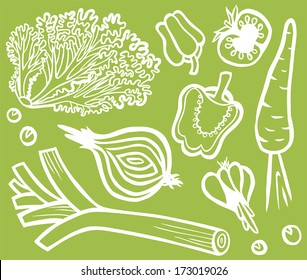 Healthy Vegetable Set White Outline On Green Background: Lettuce, Parsnip, Pepper, Leek, Onion, Garlic, Tomato and Peas